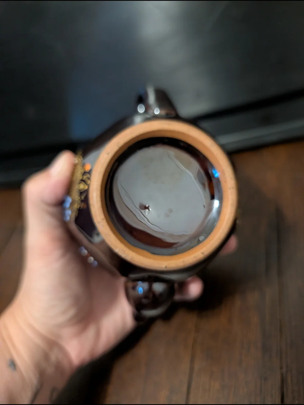 Brown Ceramic Teapot with Hand-Painted Floral Detail